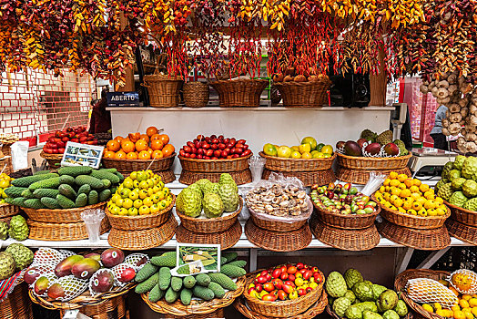市场货摊,多样,外来水果,干燥,辣椒,市集,丰沙尔,马德拉岛,葡萄牙,欧洲