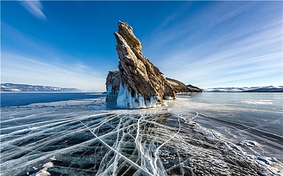 极地,冬季,冰川,湖泊,岩石,冰裂缝