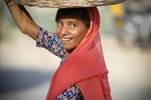 女青年,篮子,头部,拉贾斯坦邦,北印度,亚洲