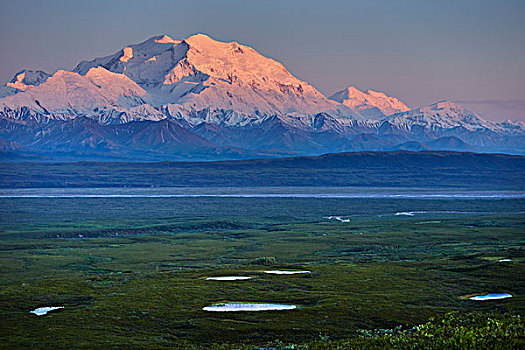 积雪,麦金利山,日落,德纳里峰国家公园,阿拉斯加,美国