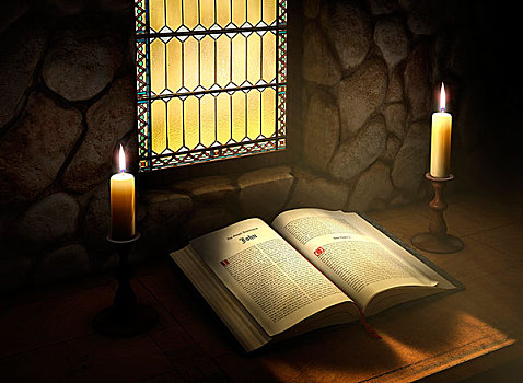 打开,圣经,两个,蜡烛,靠近,日光,彩色玻璃窗,老