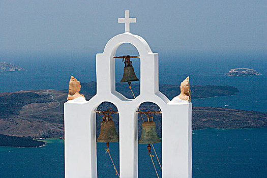 希腊,锡拉岛,白色,教堂钟,塔,海洋,背景