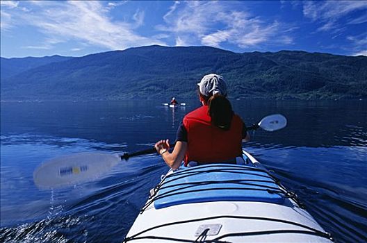 加拿大,温哥华岛,约翰斯顿海峡,海上皮划艇,背景,不列颠哥伦比亚省