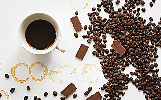 杯子,黑咖啡,巧克力,咖啡豆
