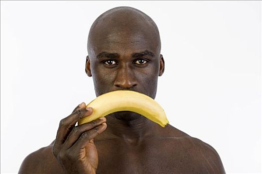 非洲男人,拿着,香蕉,正面,嘴