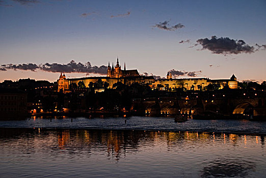 布拉格,城堡,黃昏,摩尔多瓦,捷克共和国,欧洲