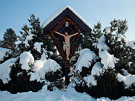 积雪,十字架,灌木丛