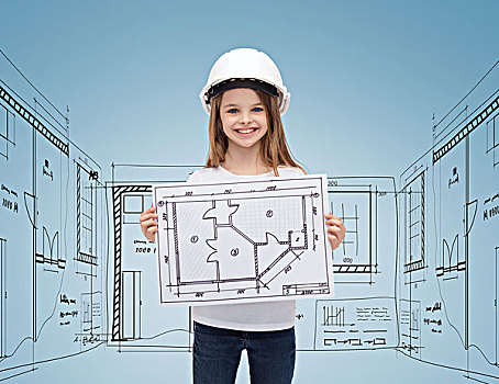 建筑,孩子,成长,概念,微笑,小女孩,白色,头盔,展示,蓝图