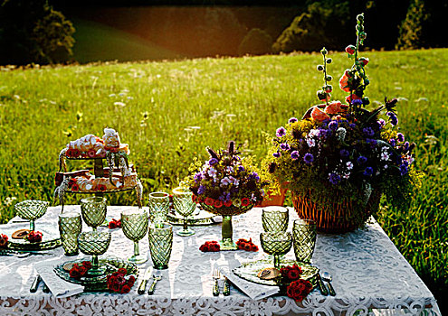 成套餐具,绿色,玻璃器皿,糕点,花,奥地利
