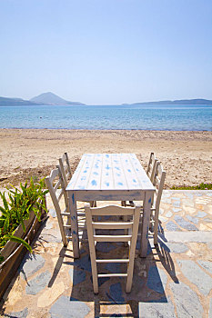 桌子,椅子,平台,正面,海滩,海洋,希腊