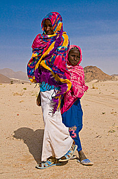 阿尔及利亚,母亲,走,女儿,沙漠