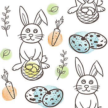 涂写,复活节,无缝,图案,兔子,蛋,白色背景