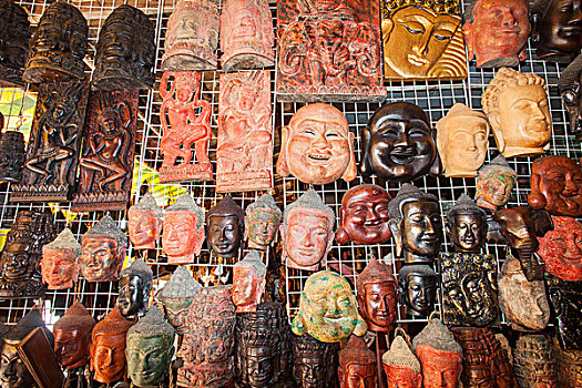 柬埔寨,收获,老,市场,展示,木质,脸,雕刻