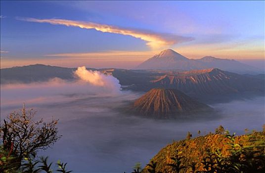 印度尼西亚,爪哇,日落,婆罗莫,火山,烟