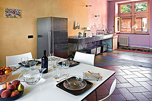 厨房,现代,白色,就餐区,老,装饰,互补,彩色