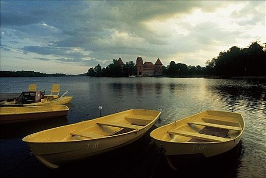 日出,黃昏,湖,城堡,特拉凯,波罗的海国家,欧盟新成员