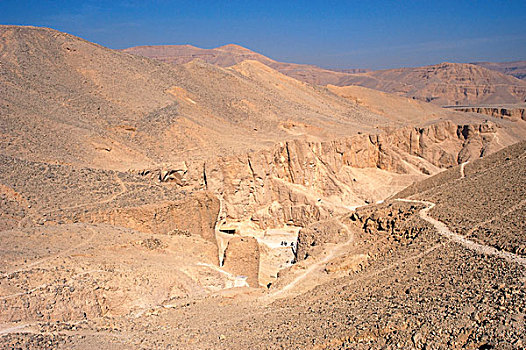 埃及,帝王谷,俯视,山脉,后面,石头,墙壁,雕刻,陵墓,法老,埃及新王国,墓地