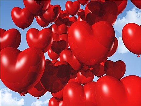 红色,心形,气球,漂浮,空中
