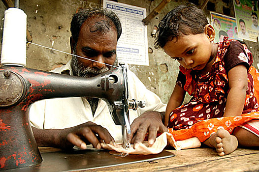 街道,裁缝,缝纫,孙女,工作,达卡,孟加拉,十一月,2006年
