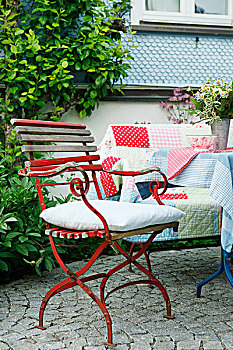 旧式,花园椅,鹅卵石,梯田,舒适,长椅,拼合,毯子