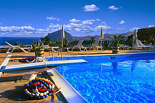 游泳池,山峦,背景,精彩,酒店,西西里,意大利
