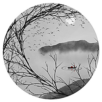现代圆形水墨山水画
