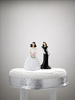 新娘,伴娘,小雕像,婚礼蛋糕