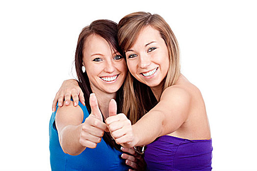 两个,年轻,女人,展示,大拇指,向上,微笑,隔绝,白色