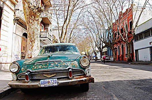 老爷车,生锈,古怪,彩色,停放,街道,绿色,白色,旅行车,汽车,20世纪50年代,50多岁,60年代,60多岁,蒙得维的亚,乌拉圭,南美