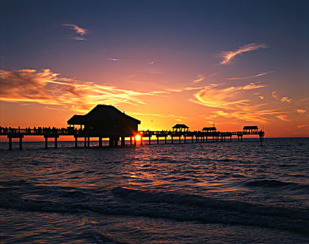美国,佛罗里达,清澈,海滩,码头,日落,大幅,尺寸