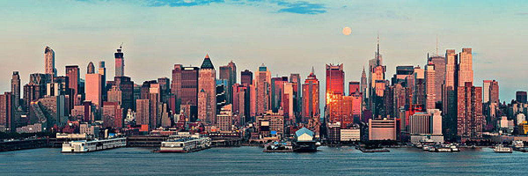 纽约,摩天大楼,市景,日落,升月