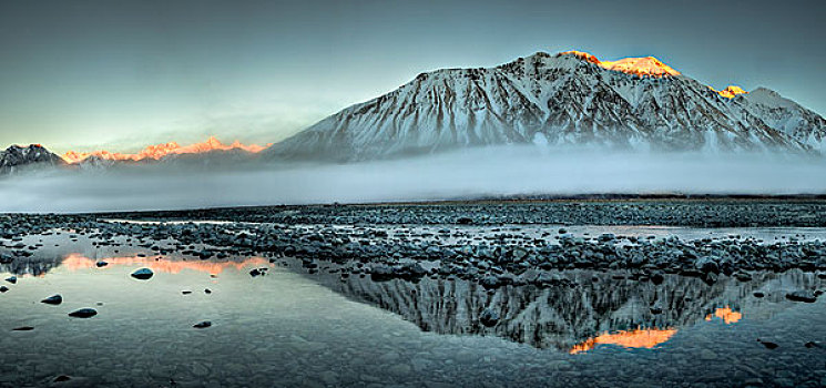 雾气,上升,黎明,多云,顶峰,山脉,坎特伯雷,新西兰