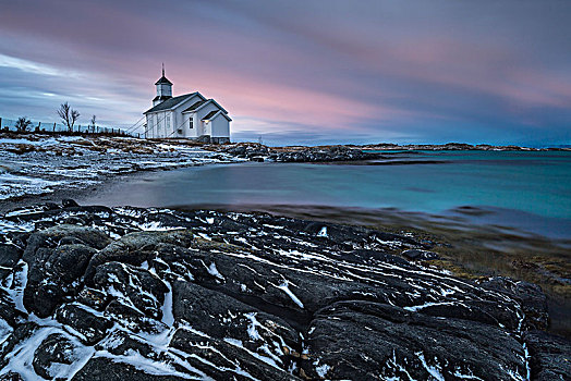 教堂,黄昏,罗弗敦群岛,挪威,欧洲