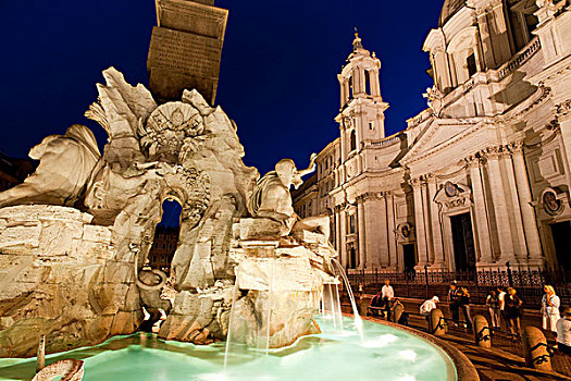 喷泉,四个,河,痛苦,黄昏,纳佛那广场,罗马,意大利,欧洲