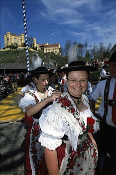 女人,传统,巴伐利亚,服饰,正面,城堡,旧天鹅堡,德国