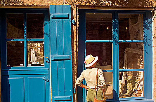 女人,购物,房子,蓝色,入口,窗户,老城,布列塔尼半岛,法国