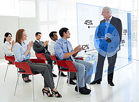 商务人士,鼓掌,站立,正面,蓝色,饼形图,界面,会议室