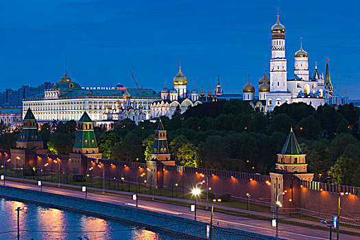 俄罗斯,莫斯科,红场,俯视图,克里姆林宫,教堂,晚间