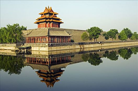 反射,宫殿,墙壁,塔,围绕,护城河,故宫,北京,中国