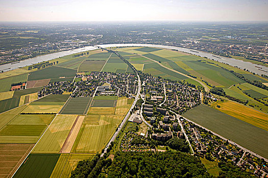 航拍,弯曲,莱茵河,河,靠近,杜伊斯堡,区域,北莱茵威斯特伐利亚,德国,欧洲