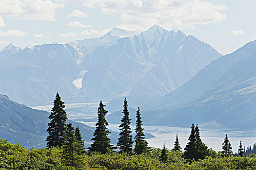 山,远景,河谷,冰河,蓝天,云,育空,加拿大