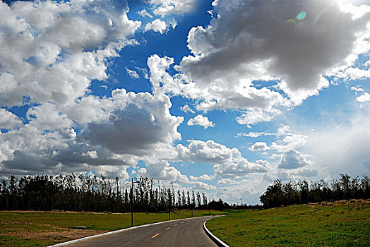 蓝天白云下的路和草地