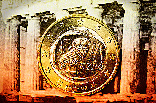 希腊,硬币,正面,古老,遗址,柱子,象征,图像,政府,赤字