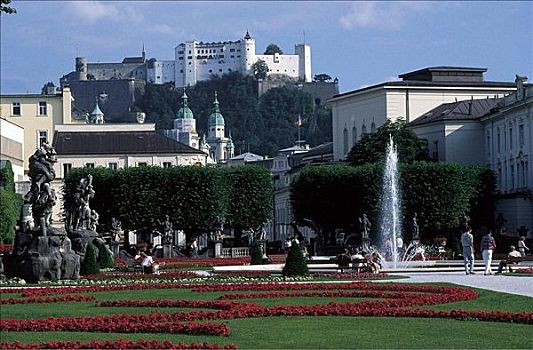 圆顶,城堡,要塞,建筑,花园,花,公园,喷泉,城市,萨尔茨堡,奥地利,欧洲