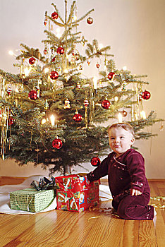 圣诞树,装饰,幼儿,喜悦,圣诞礼物,序列,圣诞节,聚会,圣诞时节,光泽,孩子,女孩,婴儿,1-2岁,跪着,好奇,兴趣,惊奇,愉悦,成长阶段,礼物