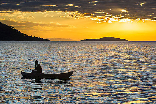 男人,小,渔船,日落,湖,马拉维,非洲