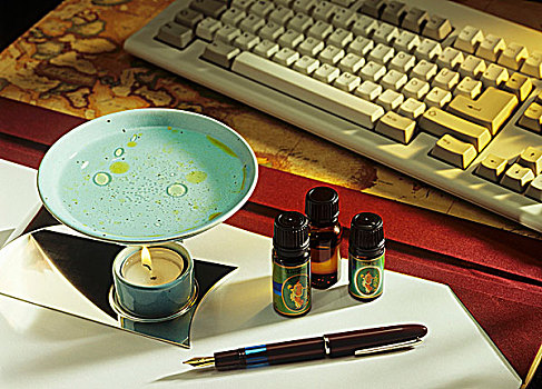 芳香,灯,油,电脑键盘,背景