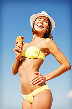 暑假,度假,女孩,比基尼,吃,冰淇淋,海滩