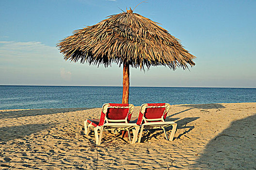 空,太阳椅,伞,海滩,干盐湖,靠近,特立尼达,古巴,加勒比海