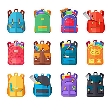 彩色,学校,背包,学习用品,笔记本,铅笔,笔,尺子,剪刀,纸,教育,学习,返校,书包,行李,矢量,插画